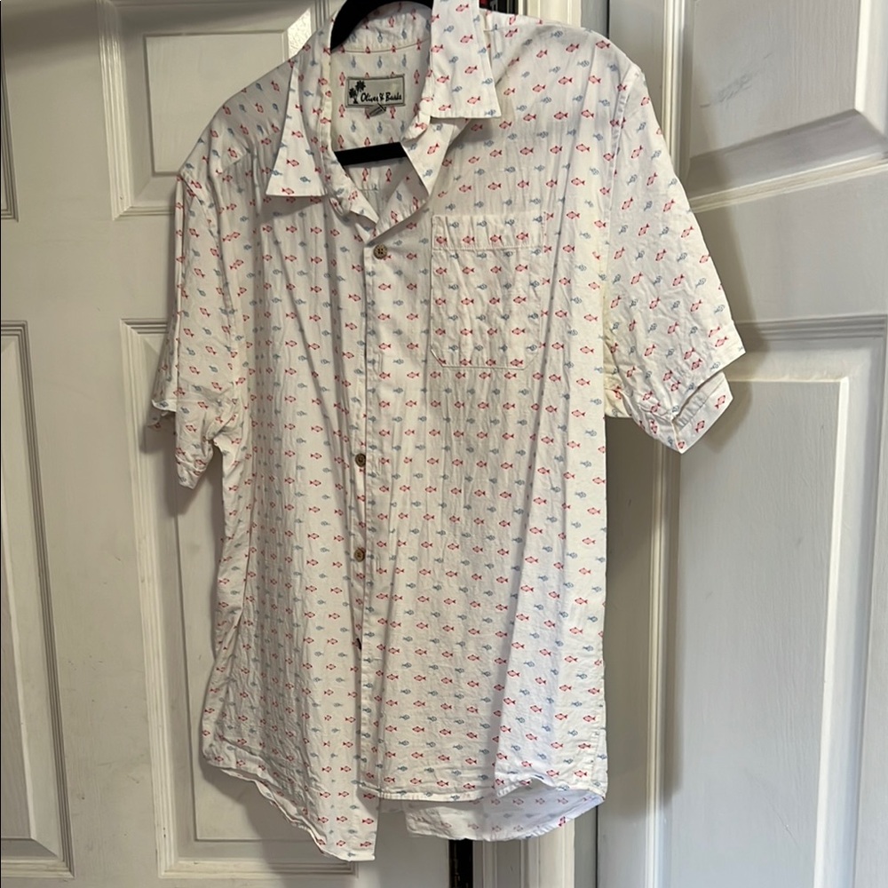 White and Red Casual Button Down Shirt with Geometric Pattern
